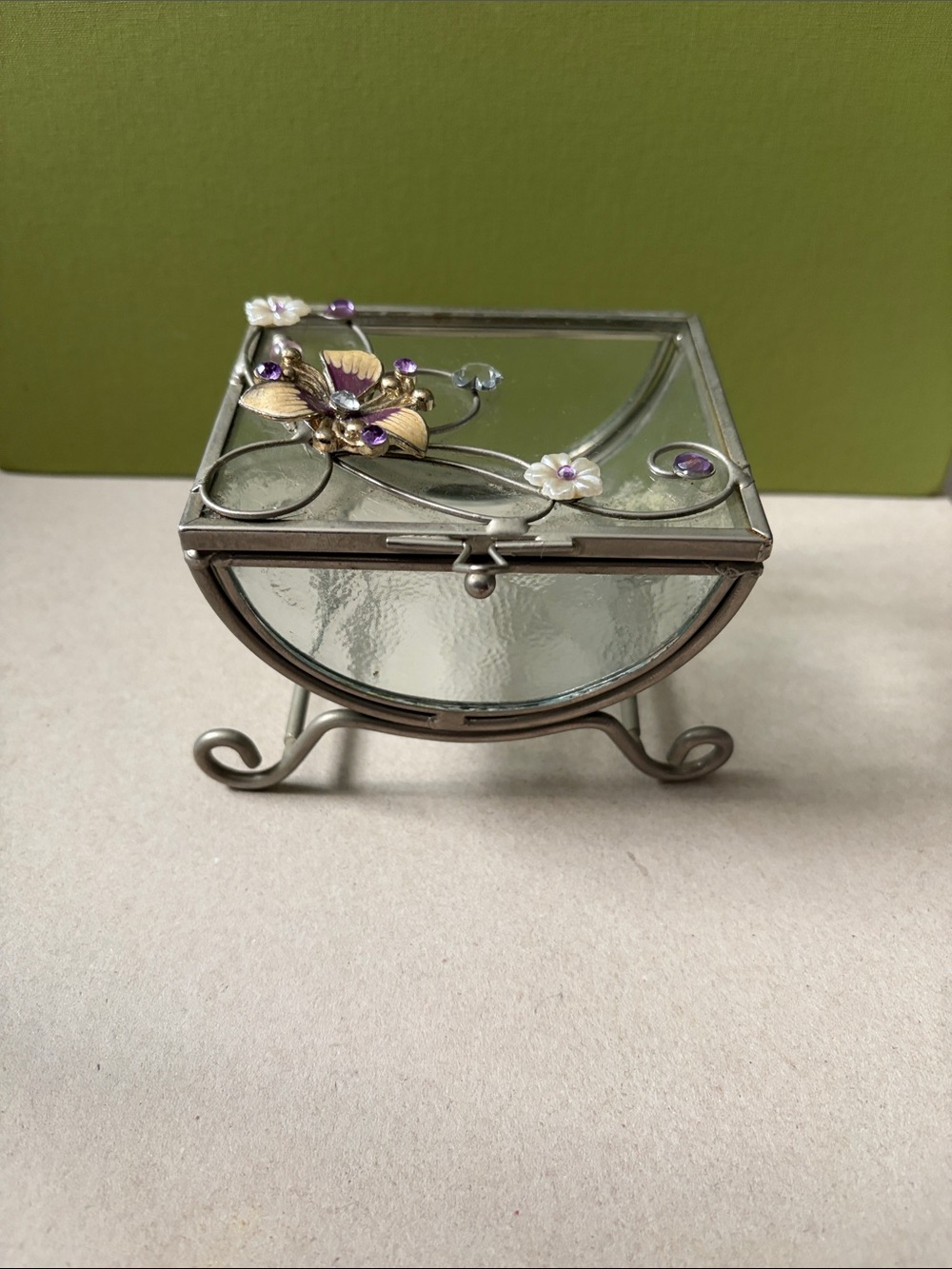 Glass Jewelry Box with Purple Floral Accents